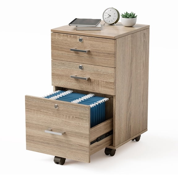 Brown Wooden 3-Drawer Locking Rolling File Cabinet, Letter Size, with Casters, Fits under Desk as Printer Stand, Secure Storage for Confidential Documents