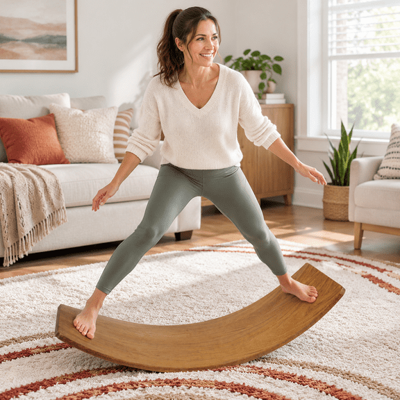 Brown Wooden Balance Board, 32.09 x 11.61 x 7.48 Inch Wobble Rocker for Yoga, Fitness, Classroom and Office Use
