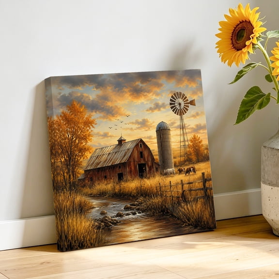 Brown Wooden Barn Canvas Wall Art, Golden Fall Tree Metal Windmill Sunset Farmhouse Pictures Wall Decor Wooden Framed Artwork Art Prints for Living Room Hallway Bedroom Office 8"x8"