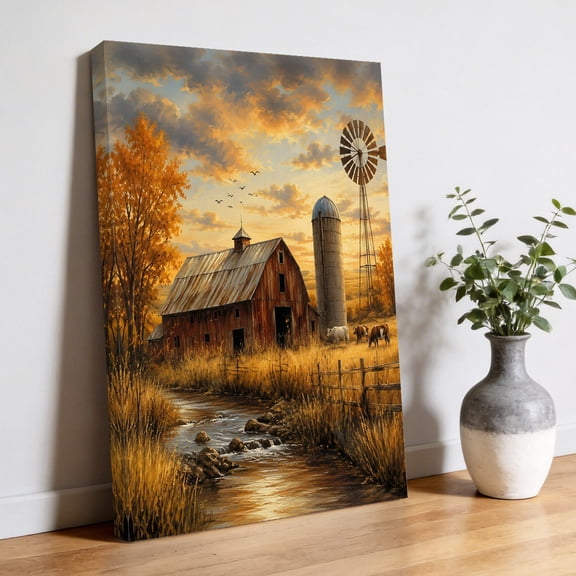 Brown Wooden Barn Canvas Wall Art, Golden Fall Tree Metal Windmill Sunset Farmhouse Pictures Wall Decor Wooden Framed Artwork Art Prints for Living Room Hallway Bedroom Office 24"x36"