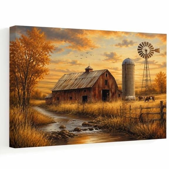 Brown Wooden Barn Canvas Wall Art, Golden Fall Tree Metal Windmill Sunset Farmhouse Wall Art Prints Artwork Framed Canvas Ready to Hang Art Pictures for Bathroom, Dressing Table, Entryway 12" x 8"