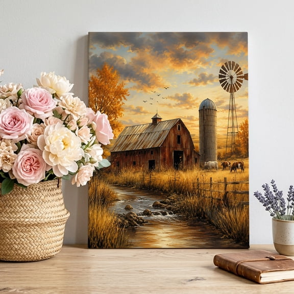 Brown Wooden Barn Canvas Wall Art for Living Room, Golden Fall Tree Metal Windmill Sunset Farmhouse Poster Print Painting for Entryway Side Of Cabinet Decoration Wall Pictures Prepare To Hang 8"x12"