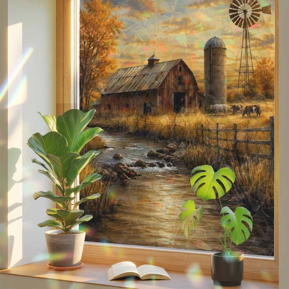 Brown Wooden Barn Window Privacy Film, Golden Fall Tree Metal Windmill Sunset Farmhouse Static Cling Stained Glass Window Sticker Decorative Removable Rainbow Film for Glass 19.6”x39.3”