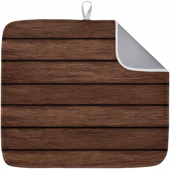 Brown Wooden Board Dish Drying Mat 1 Pack, Vintage Wood Grain Farmhouse Barn Themes Absorbent Heat Insulating Kitchen Drying Pad Drainer Mats for Sink Counter Dishes 16 X 18 Inch