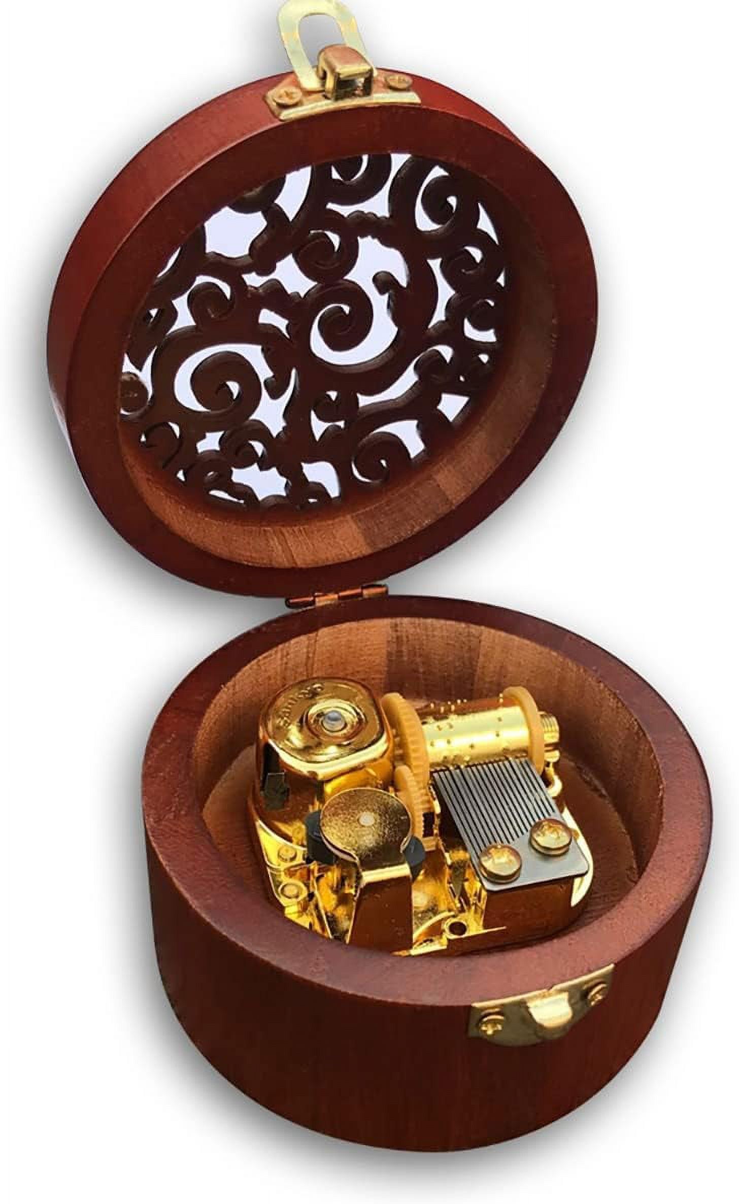 Brown Wooden Circular Hollow Out Music Box With Sankyo Musical Movement ...