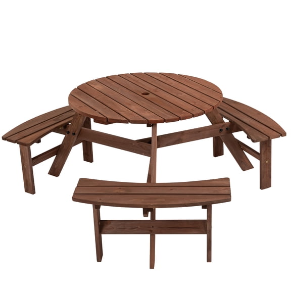 Brown Wooden Circular Picnic Table for 6 People, DIY W/ 3 Built-in Benches, 1720lb Load Capacity - Outdoor Patio Backyard Garden Furniture