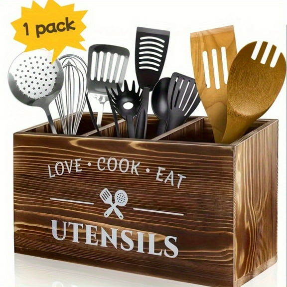 Brown Wooden Cutlery Storage Rack with 3 Compartments, Farmhouse Country Style Utensil Holder for Kitchen Counter, Ideal for Spoons, Spatulas & Kitchen Tools
