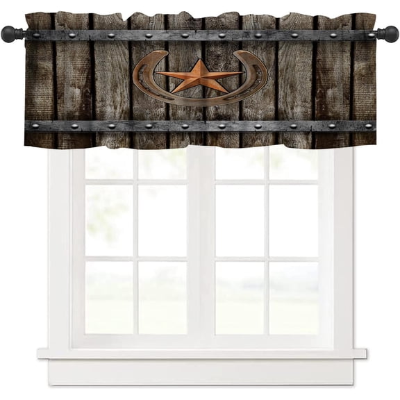 Brown Wooden Door Valance Curtain for Kitchen,Vintage Country Farm Texas Star Sign Horseshoe Barn Door Windows Treatment Drapes for Bathroom Bedroom Living Room Farmhouse 54x 18 Inch