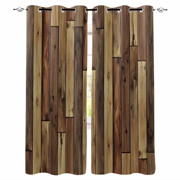 Brown Wooden Grain Blackout Curtains for Bedroom Living Room Darkening Curtains 90 Inch Farmhouse Vintage Stitching Art Black Out Window Curtain Privacy Window Treatment Grommet Drapes 52"x90"x2