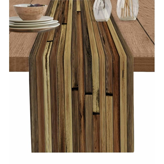 Brown Wooden Grain Table Runner 70 Inches, Farmhouse Vintage Stitching Art Bed Runner Dresser Scarves Tabletop for Indoor Outdoor Parties/Ceremony/Banquet, 13" x 70"