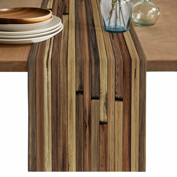 Brown Wooden Grain Table Runner, Farmhouse Vintage Stitching Art Washable Cotton Linen Table Runners 48 Inches Long, Dresser Scarf Runner for Nightstand/Coffee/End Tables 13''x48''