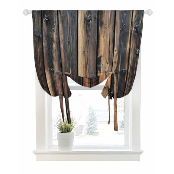 Brown Wooden Grain Tie Up Curtains for Window, Thermal Insulated Balloon Shade Adjustable Rod Pocket Curtains Valance Panels for Kitchen Bathroom Cafe 42 x 54 Vintage Chic Shabby Plank