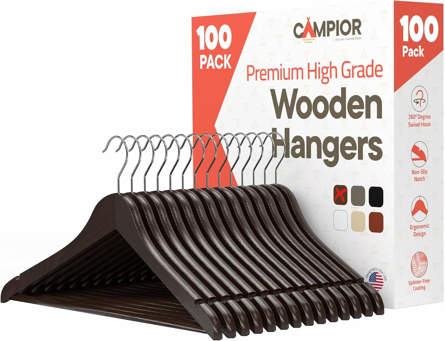 Brown Wooden Hangers 100 Pack – Heavy-Duty with 360° Swivel Hook, Non-Slip, Pants Bar & Shoulder Grooves - Wooden Hangers for Suits, Jackets, Dresses & Camisoles, Space-Saving and Smooth Finish