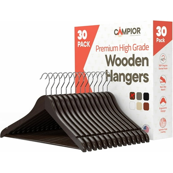 Brown Wooden Hangers 30 Pack – Heavy-Duty with 360° Swivel Hook, Non-Slip, Pants Bar & Shoulder Grooves - Wooden Hangers for Suits, Jackets, Dresses & Camisoles, Space-Saving and Smooth Finish