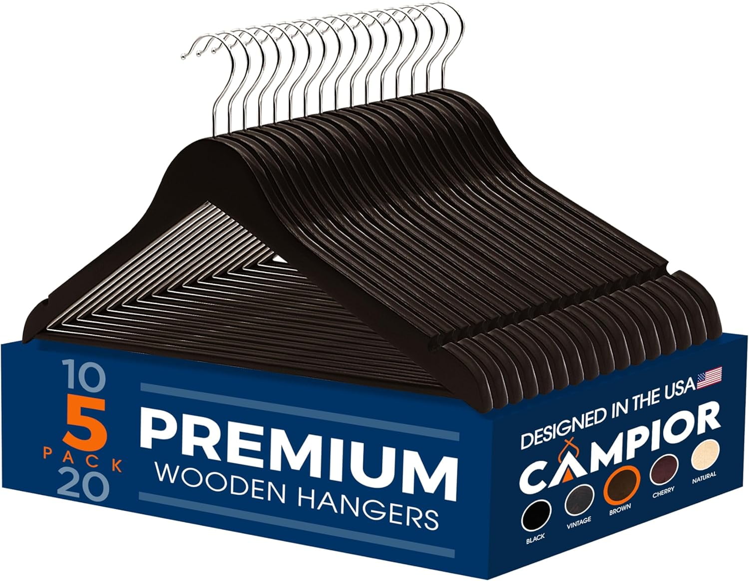Brown Wooden Hangers 5 Pack – Heavy-Duty with 360° Swivel Hook, Non-Slip, Pants Bar & Shoulder Grooves - Wooden Hangers for Suits, Jackets, Dresses & Camisoles, Space-Saving and Smooth Finish