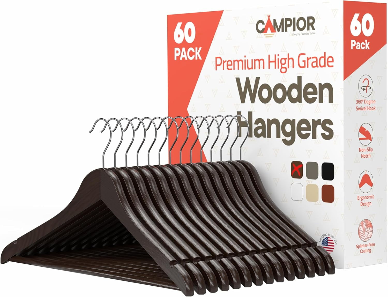 Brown Wooden Hangers 60 Pack – Heavy-Duty with 360° Swivel Hook, Non-Slip, Pants Bar & Shoulder Grooves - Wooden Hangers for Suits, Jackets, Dresses & Camisoles, Space-Saving and Smooth Finish