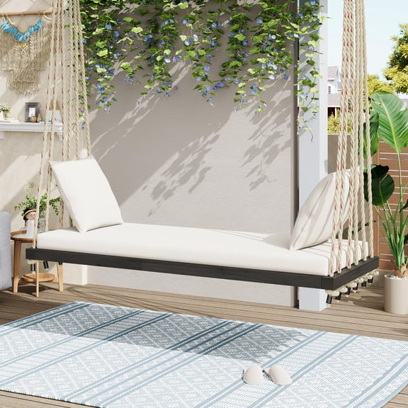 Brown Wooden Hanging Daybed Swing With Cushions And Pillows For Outdoor Patio
