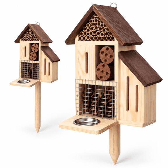Brown Wooden Insect Hotel with Feeder and Ground Stake for Garden Pollinators