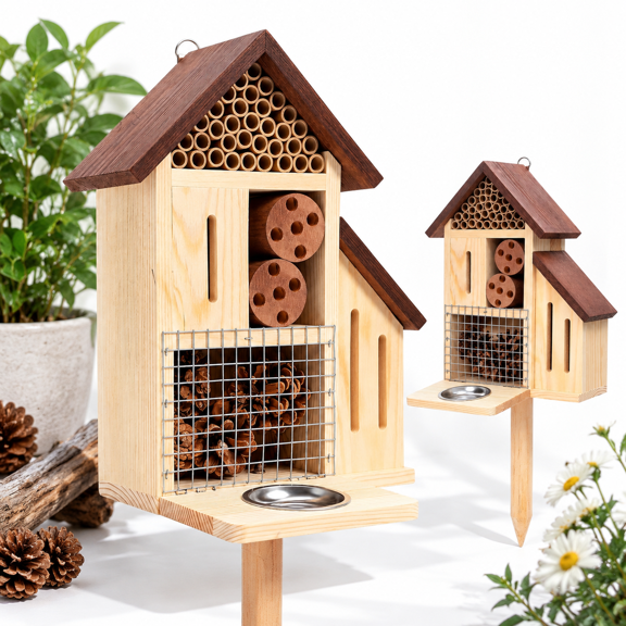 Brown Wooden Insect Hotel with Feeder and Stake for Garden Yard Pollinators