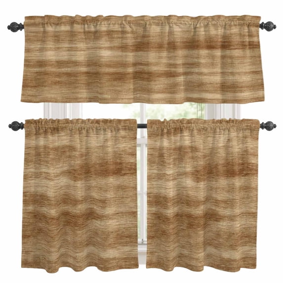 Brown Wooden Kitchen Curtains Sets for Windows 24 Inch Length, Vintage Western Country Wooden Plank Rod Pocket Window Treatments Tier Curtains and Valances Set for Bedroom/Bathroom