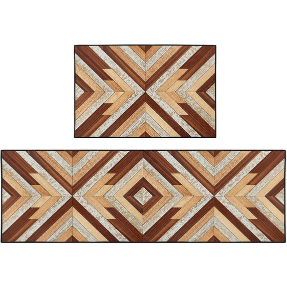 Brown Wooden Kitchen Rugs and Mats Non Skid Washable Set of 2, Wood Geometric Abstract Kitchen Floor Mats, Vintage Kitchen Runner Rug, Rustic Kitchen Decor