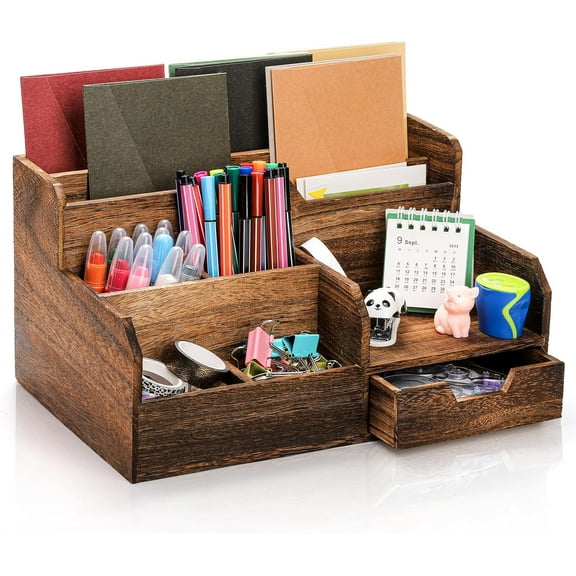 Brown Wooden Mail Organizer, Desk Organizer with 7 Compartments and Drawer, Rustic Mail Sorter with Pen Holder, Tabletop Mail Basket, Office Accessories Holder for Pen File Letter Document