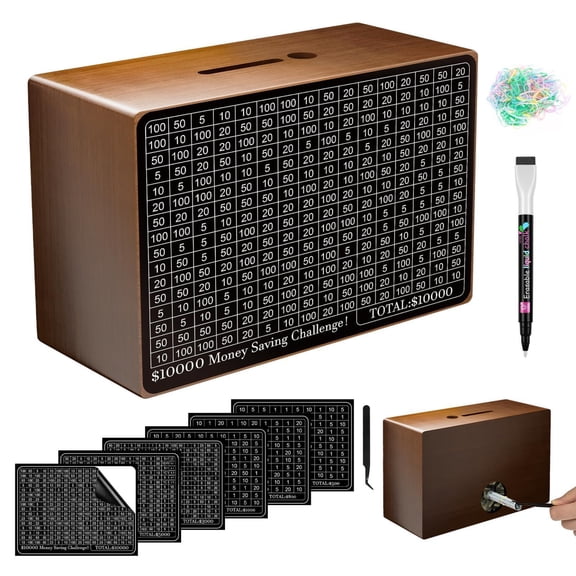 Brown Wooden Money Saving Vault Savings Challenge Box