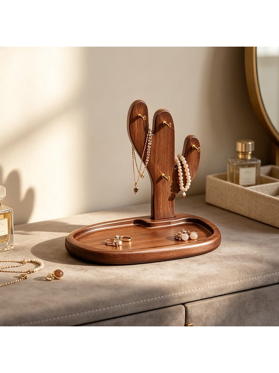 Brown Wooden Multi-functional Storage Tray, Cactus Design Hanging Hook Storage Rack, Desktop Organizer for Keys, Glasses, Necklaces and Rings, Entryway Home Decor Display Rack,1Pcs