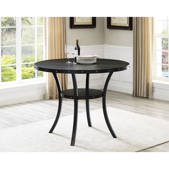 Brown Wooden - Nailhead Accented Round Table - Dinner Gatherings - Open Storage Shelf