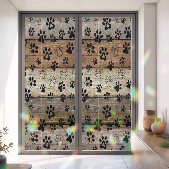 Brown Wooden Plank Dog Paw Window Privacy Film,Decorative Windows Static Cling Farmhouse Retro Wood Board Heat Control Removable Glass Sticker for Home Bathroom Bedroom Window Door,35x79in
