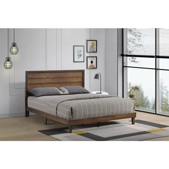 Brown Wooden Platform Bed with Horizontal Wood Slat Headboard - Queen Size