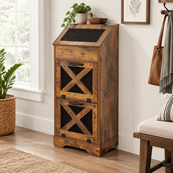 Brown Wooden Potato And Onion Storage Bin With 3 Ventilated Layers