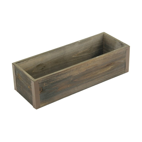 Brown Wooden Rectangular Planter With Metal Corner Accents