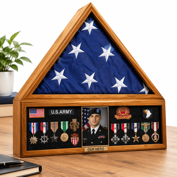 Brown Wooden Shadow Box Frame For 5' x 9.5' Tri-Folded Memorial Flag and Medals