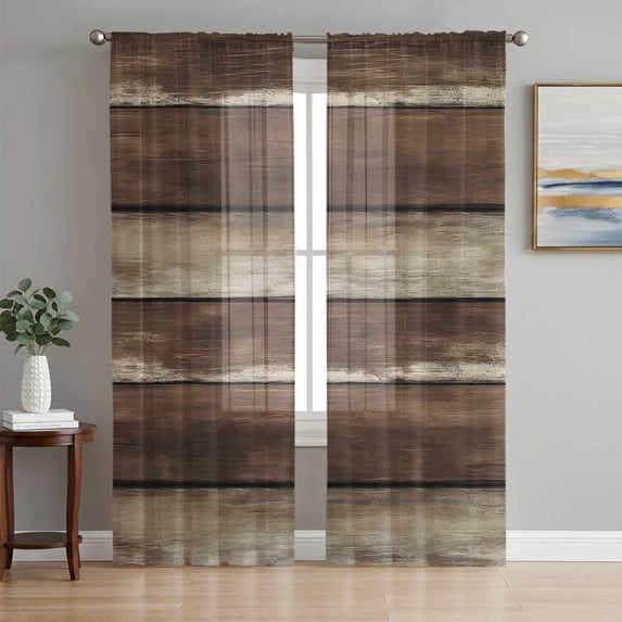 Brown Wooden Sheer Curtains 72 Inch Length 2 Panels Set, Vintage Farmhouse Retro Art Voile Window Treatment Rod Pocket Curtains Sheers Drapes for Bedroom/Living Room/Kitchen 52"x72"x2
