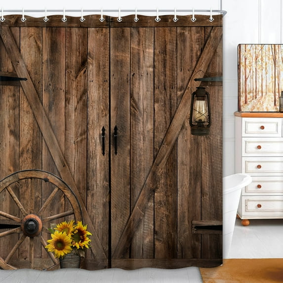Brown Wooden Shower Curtain，Rustic Barn Door Shower Curtains，Farmhouse Vintage Country Rural Bathroom Decor ，Farmhouse Sunflower Shower Curtain Set with Hooks 72X84in