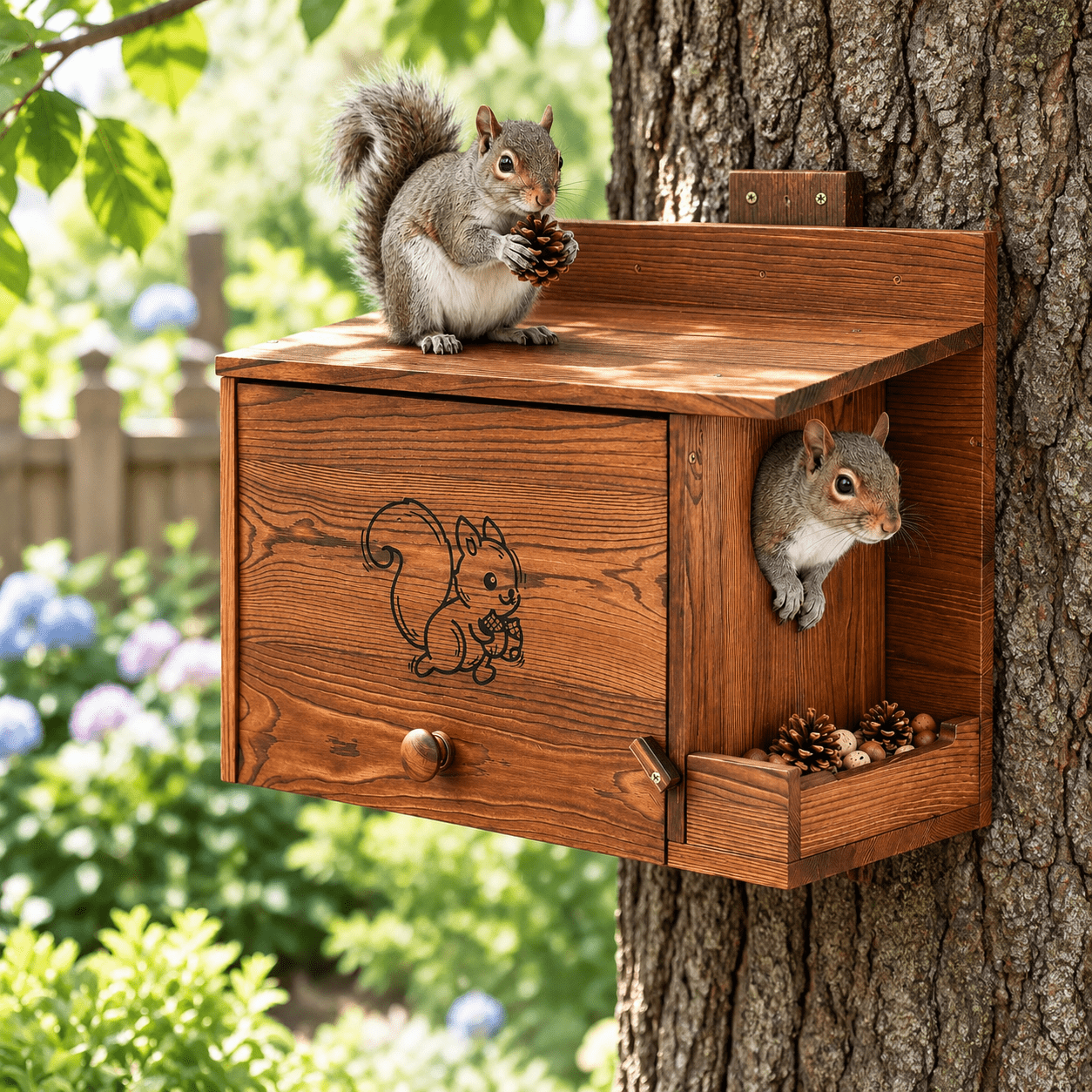 Multiple Comparment Container Brown Wooden Squirrel Nesting Box with Dual Chamber and Feeder for ...