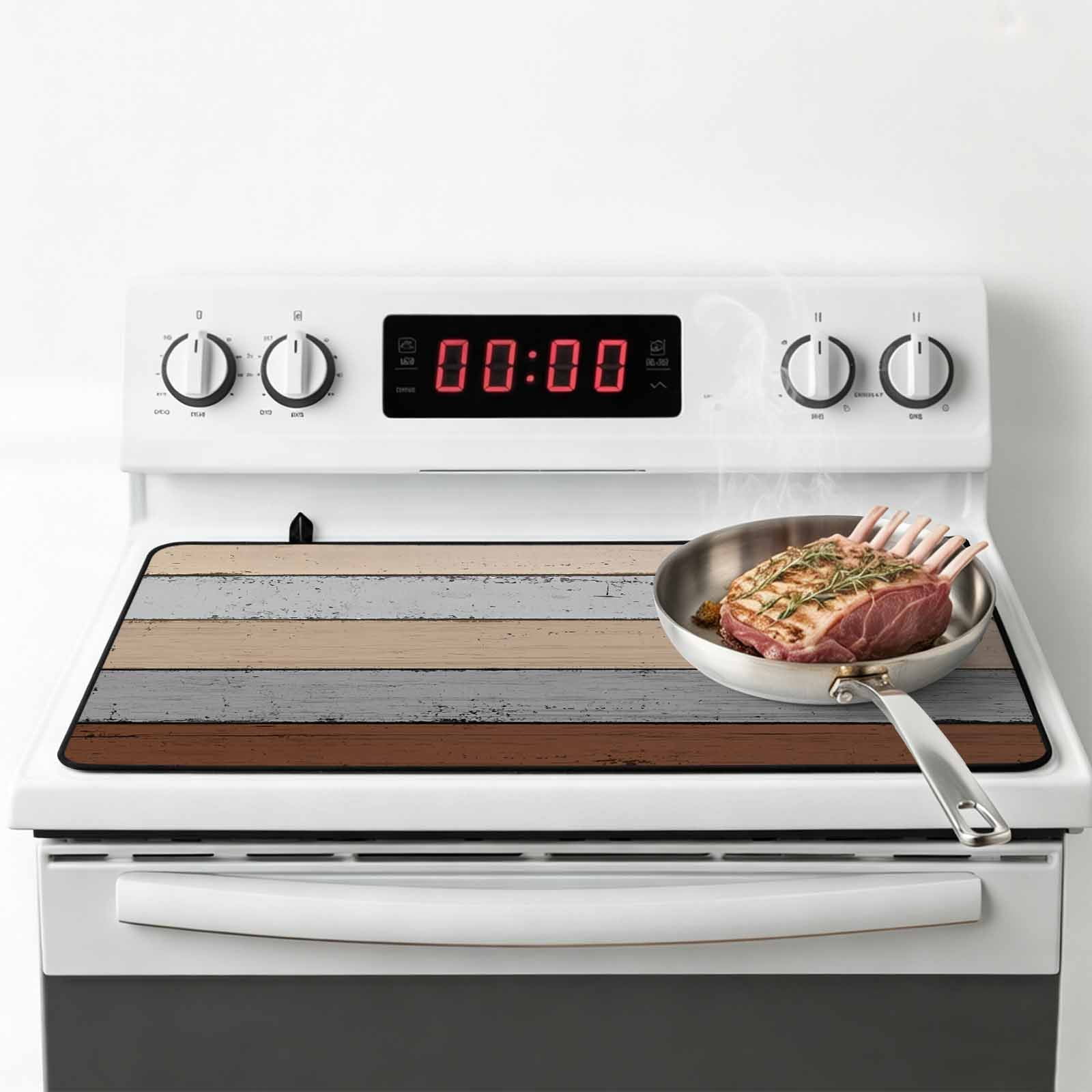 Brown Wooden Stove Top Cover for Electric Stove, Heat-proof & Non Slip Glass Top Stove Cover Protector, Grey Stripe Gradient Country Rustic Grain Kitchen Flat Cooktop Rubber Mat 31x24 Inches