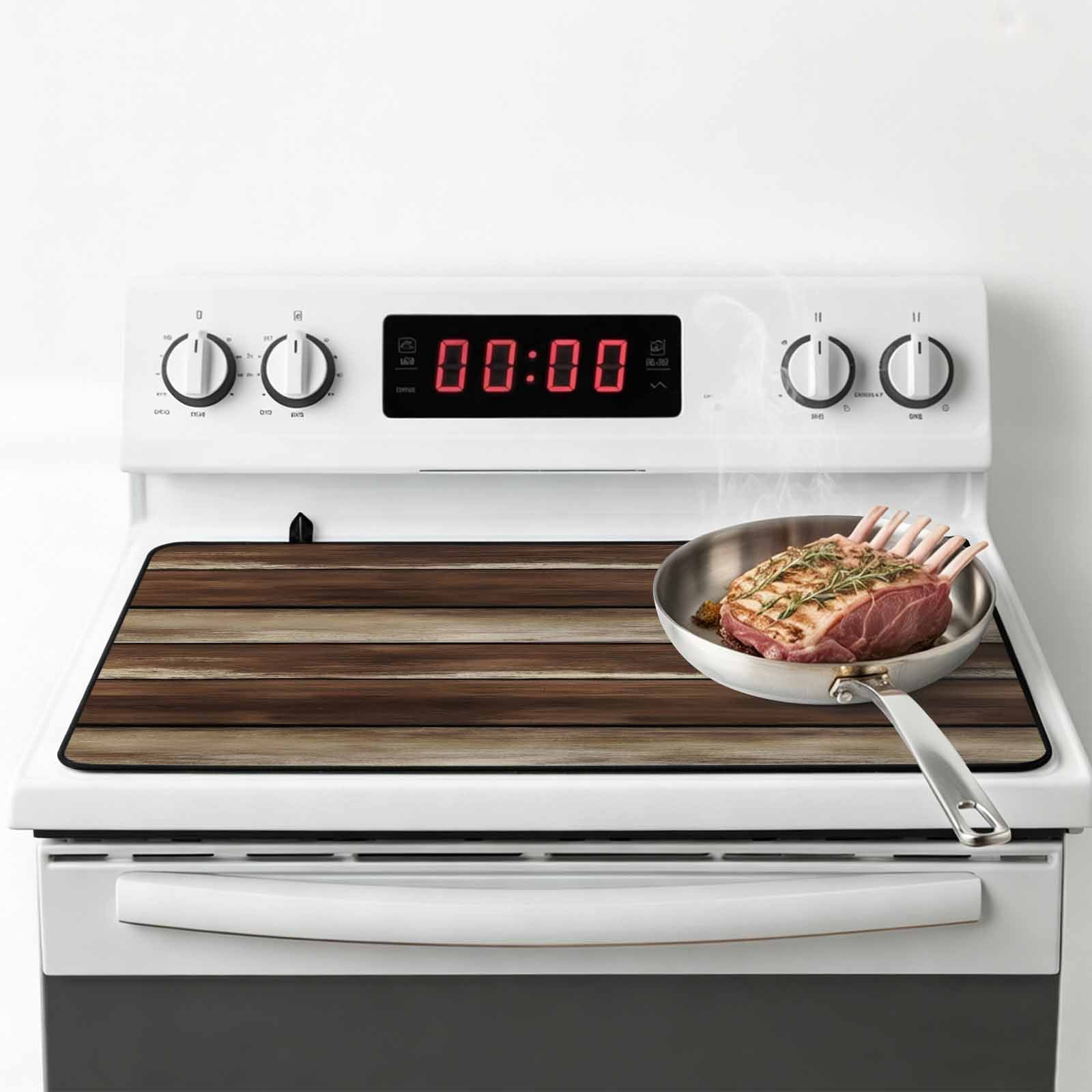 Brown Wooden Stove Top Cover for Electric Stove, Heat-proof & Non Slip Glass Top Stove Cover Protector, Vintage Farmhouse Retro Art Kitchen Flat Cooktop Rubber Mat 24x21 Inches
