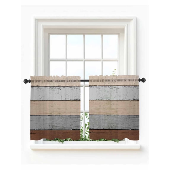 Brown Wooden Tier Curtains 36 Inch Length,Sheer Curtains for Bedroom Living Room Window Grey Stripe Gradient Country Rustic Grain Small Half Window Kitchen Curtains & Drapes 27.5"x36" 2 Panels