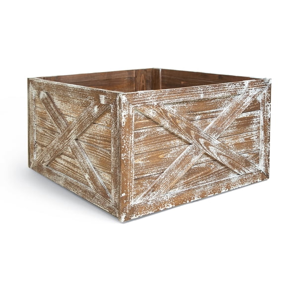 Brown Wooden Tree Collar Box - 23.5 x 15 inch Christmas Tree Figurine Farmhouse Rustic Decor for Christmas