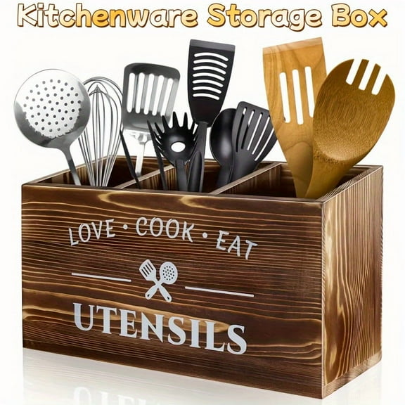 Brown Wooden Utensil Holder - 3-Compartment Farmhouse Organizer for Silverware, Spoons, Forks & Spatulas - Countertop Storage Jar for Kitchen Tools (Country Style)