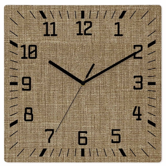 Brown Wooden Wall Clock Silent Non Ticking, Farmhouse Burlap Solid Beige Color Modern Linen Texture Square Wall Clocks Battery Operated, Decor Clock for Home Office, Living Room, Kitchen, 12 Inch