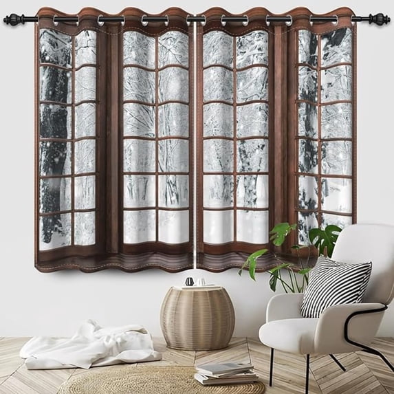 Brown Wooden Window Blackout Curtains, Winter Outdoor Snowy White Woods Curtain For Bedroom, Christmas Living Room Window Drapes With Grommets 26"W x 63"L (Pack of 2)