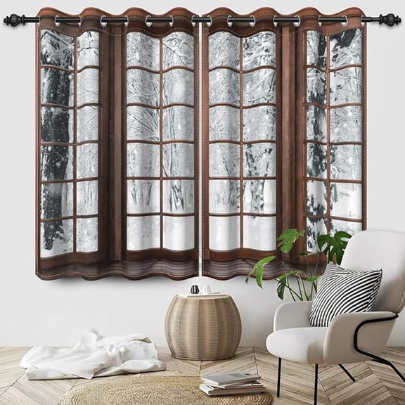 Brown Wooden Window Blackout Curtains, Winter Outdoor Snowy White Woods Curtain For Bedroom, Christmas Living Room Window Drapes With Grommets 42"W x 96"L (Pack of 2)