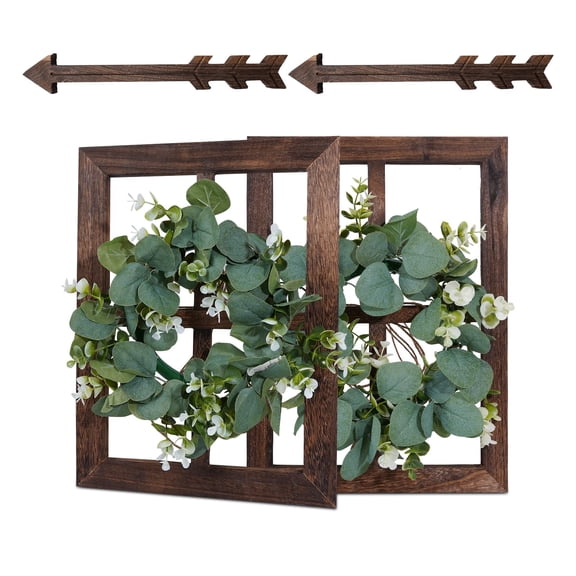 Brown Wooden Window Frame Wreath and Arrow Farmhouse Wall Decor Set of 2