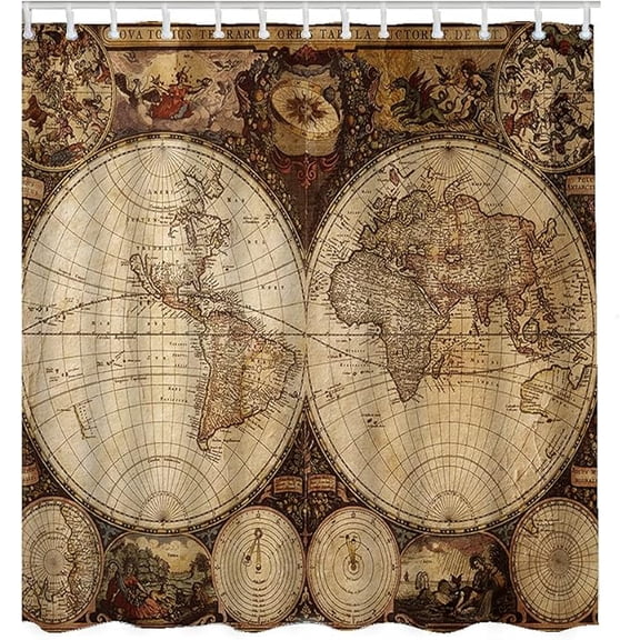 Brown World Map Shower Curtain Old Map Historical Atlas Nostalgic Style Bathroom Curtains, Machine Washable, Water-Repellent 54"W x 72"L (Pack of 1)