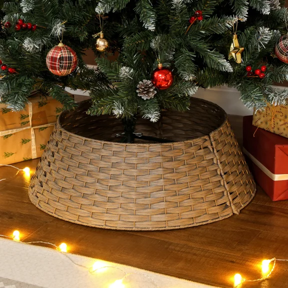 Brown Woven Christmas Tree Collar  Rustic Wicker Tree Base Cover for Holiday Decor