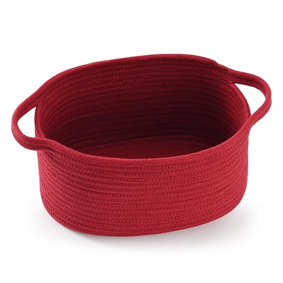 Brown Woven Cotton Rope Storage Basket with Lace Trim, Collapsible Toy Organizer, 13" D x 8" W x 6" H, Decorative Basket for Nursery,Burgundy