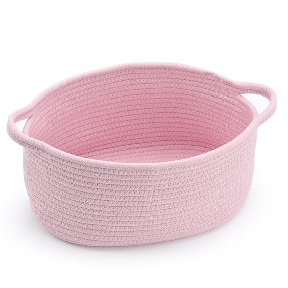 Brown Woven Cotton Rope Storage Basket with Lace Trim, Collapsible Toy Organizer, 13" D x 8" W x 6" H, Decorative Basket for Nursery,Pink